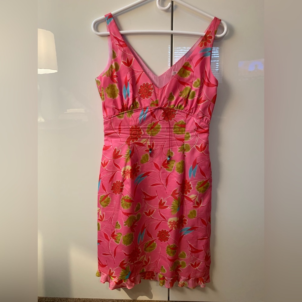 Pink flowered silk Talati dress. Fun summer party dress